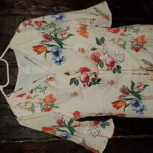 Romantic White and Floral Dress with 3/4 Ruffle Sleeve size Medium